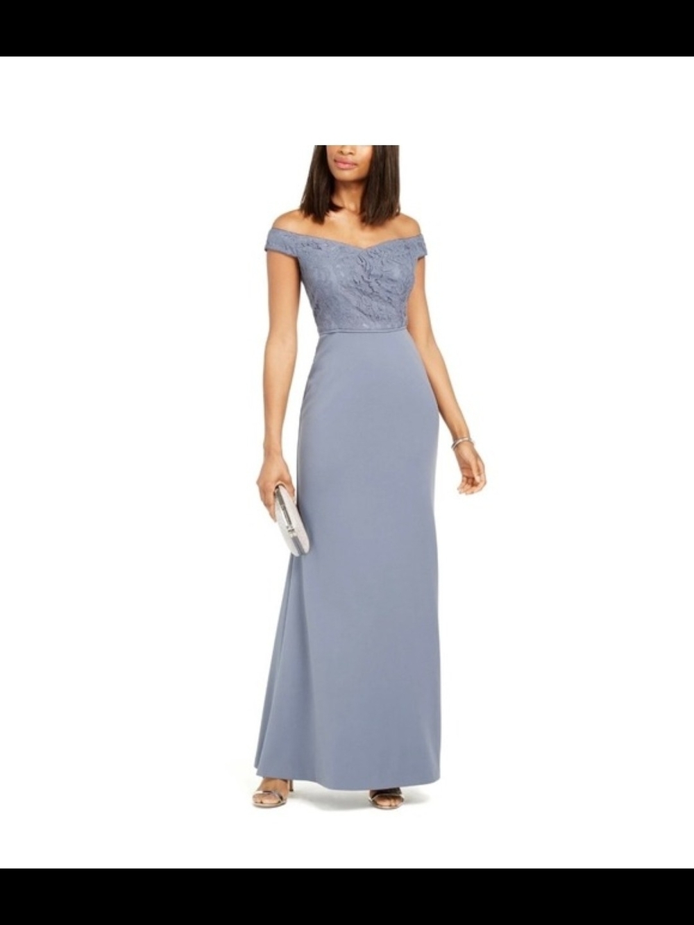 Adrianna Papell Off-Shoulder Lace Bodice Maxi Dress in Dusty Blue